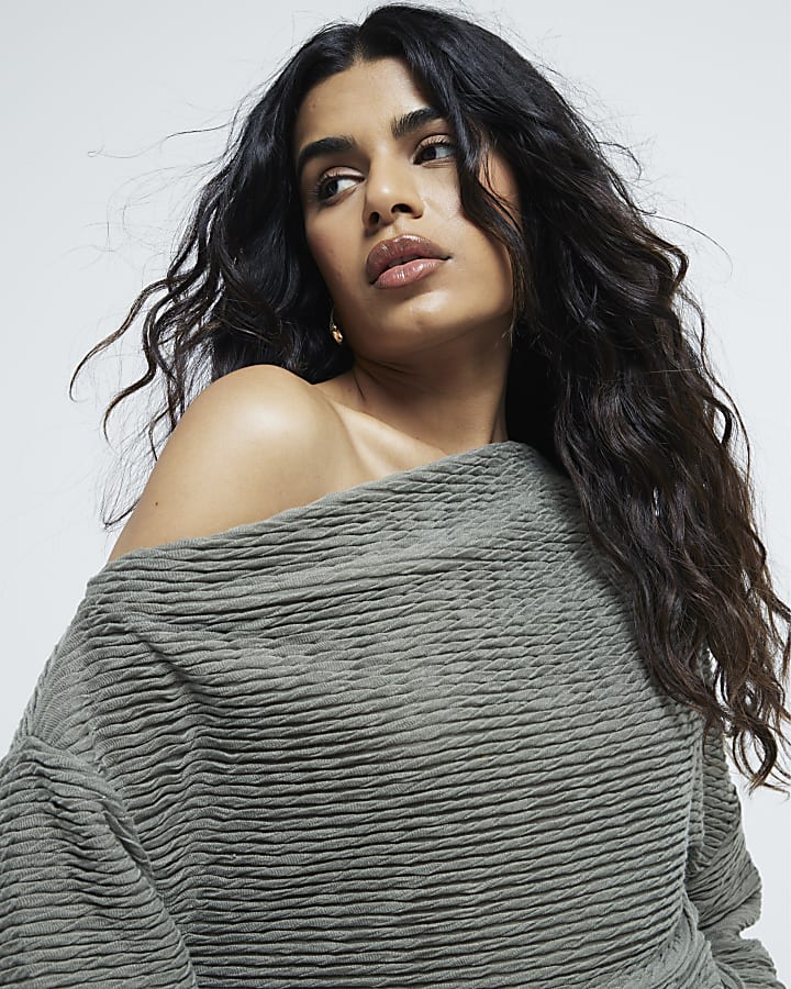Petite Khaki Textured Off Shoulder Drape Top