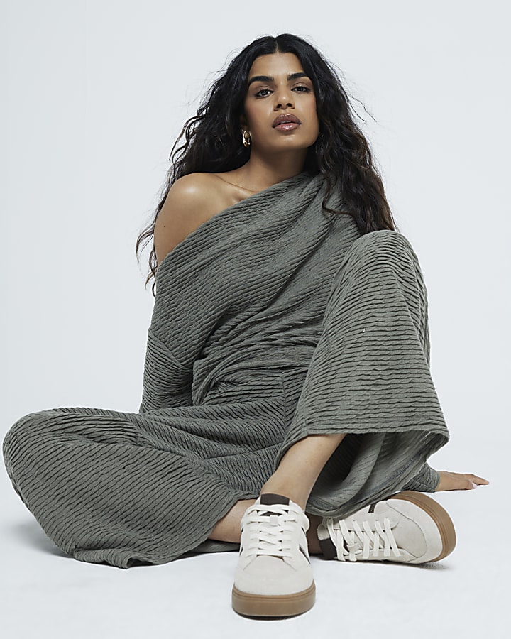 Petite Khaki Textured Off Shoulder Drape Top