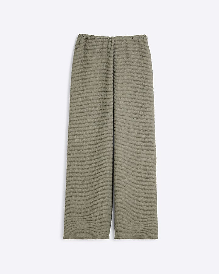 Petite Khaki Textured Wide Leg Trousers