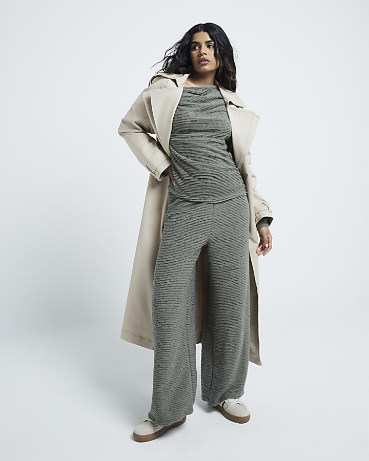 Petite Khaki Textured Wide Leg Trousers