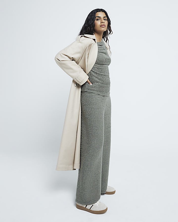 Petite Khaki Textured Wide Leg Trousers