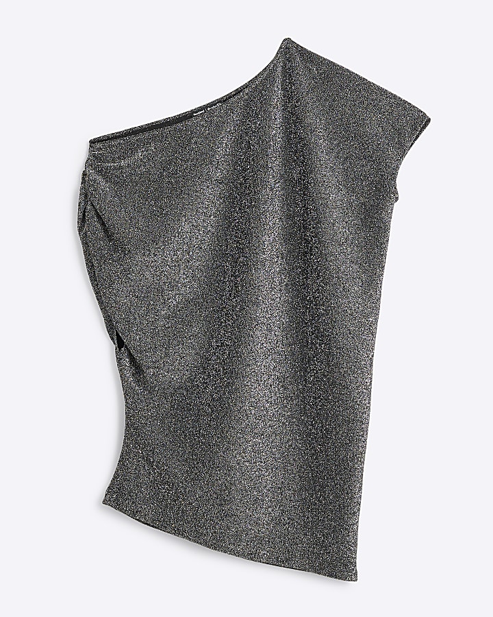 Petite Black Metallic Off Shoulder Drape Top