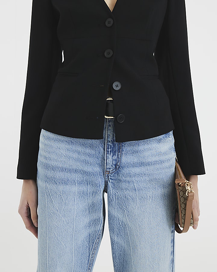 Black V Neck Button Front Blazer