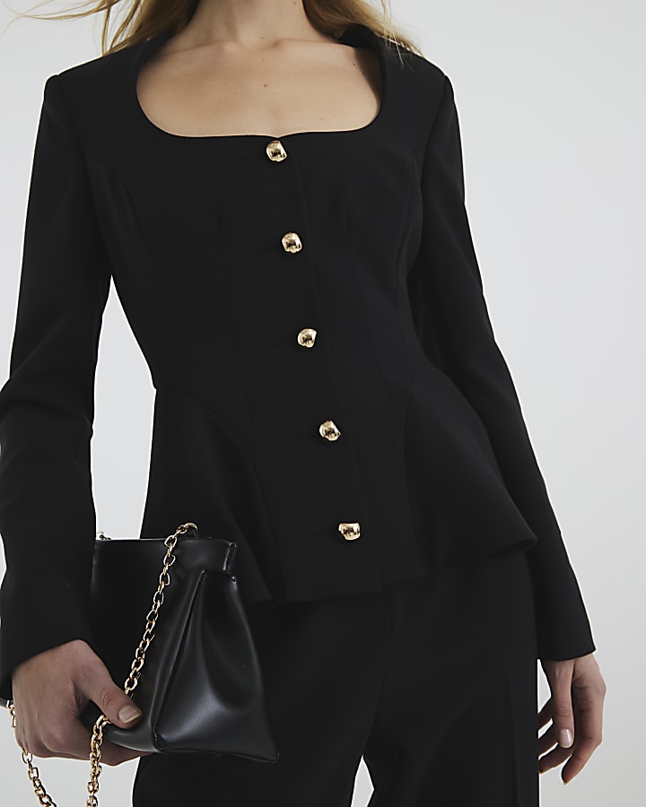 Black Peplum Button Front Blazer