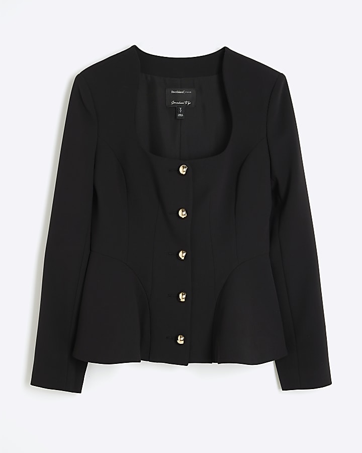 Black Peplum Button Front Blazer