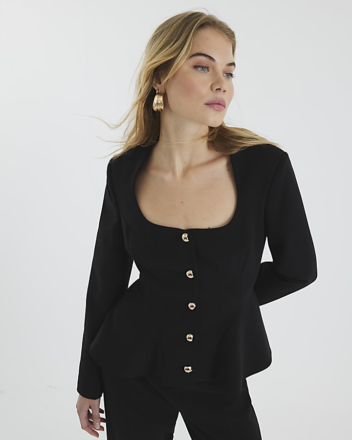 Black Peplum Button Front Blazer