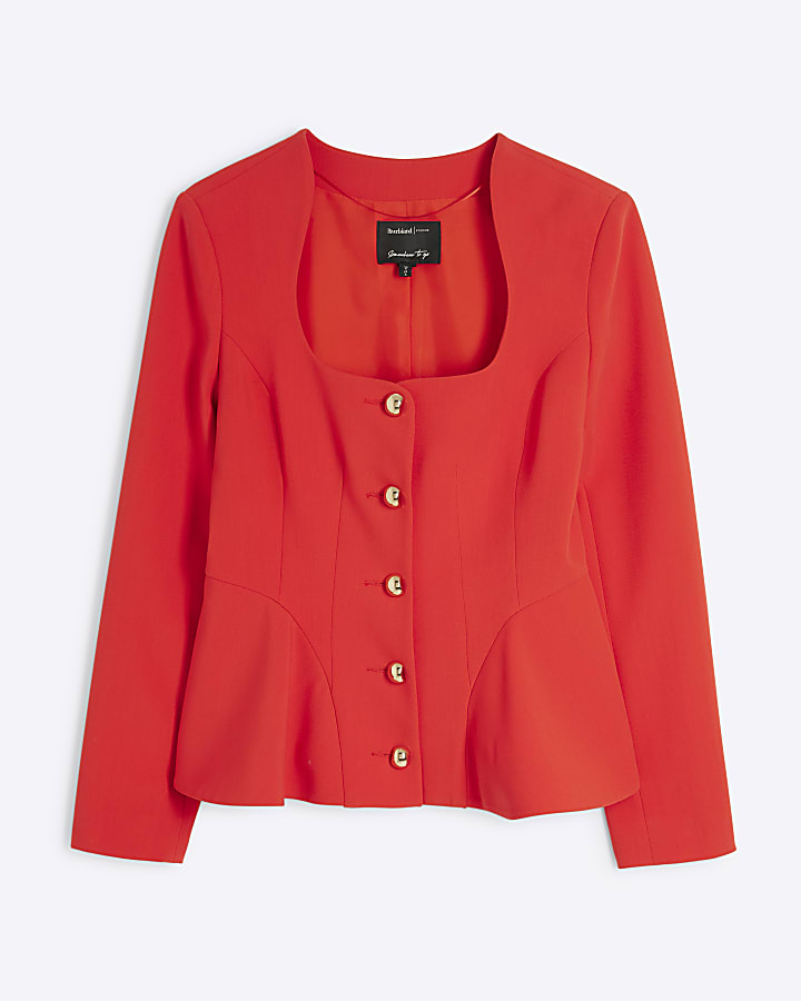 Red Peplum Button Front Blazer