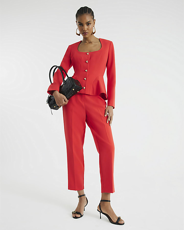 Red Peplum Button Front Blazer