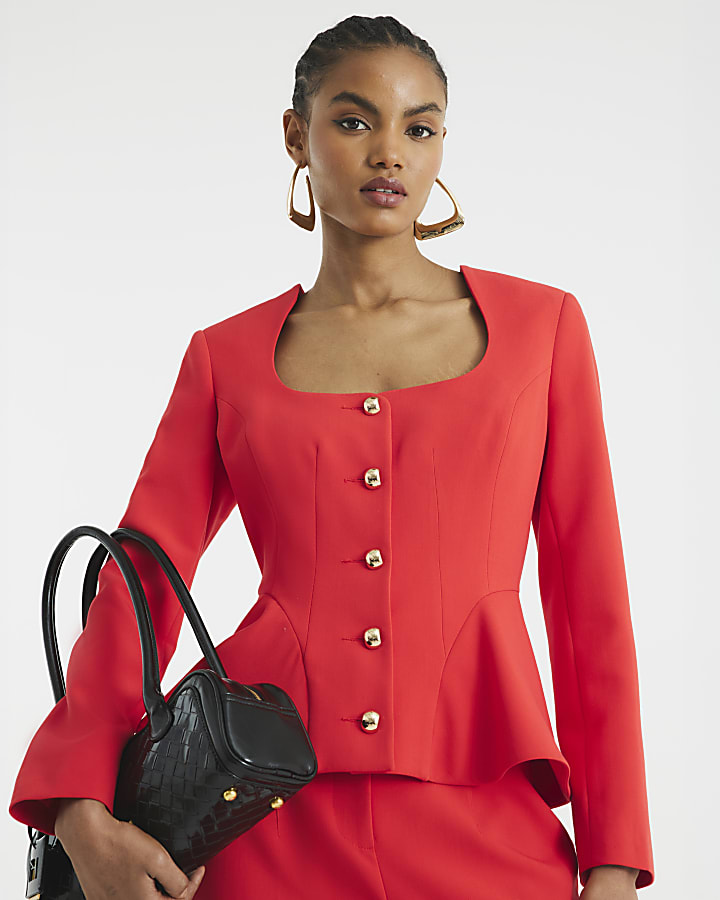 Red Peplum Button Front Blazer