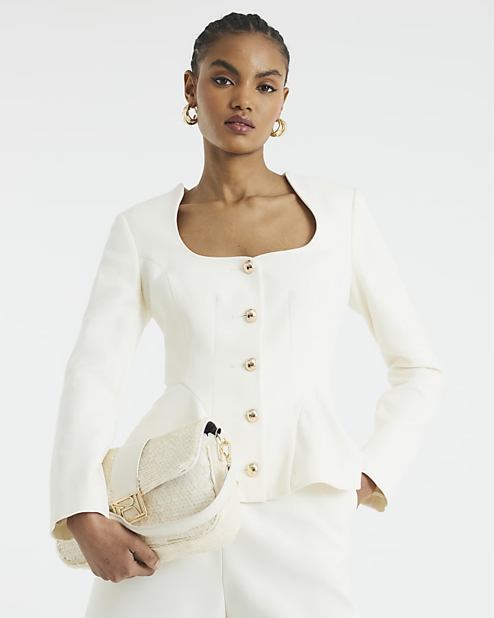 Cream Peplum Button Front Blazer