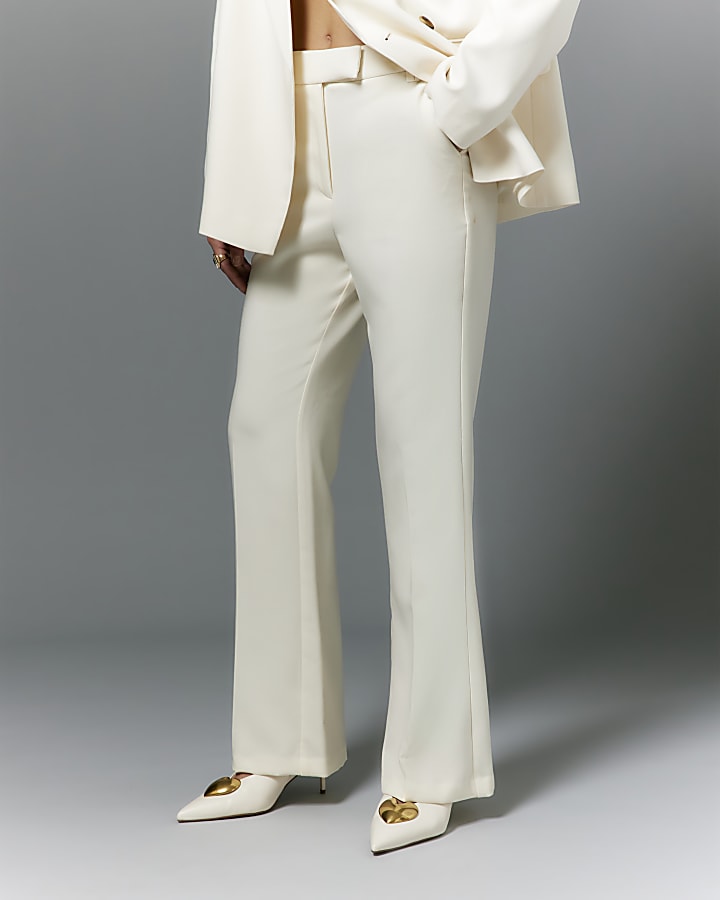 Cream Slim Fit Flared Trousers