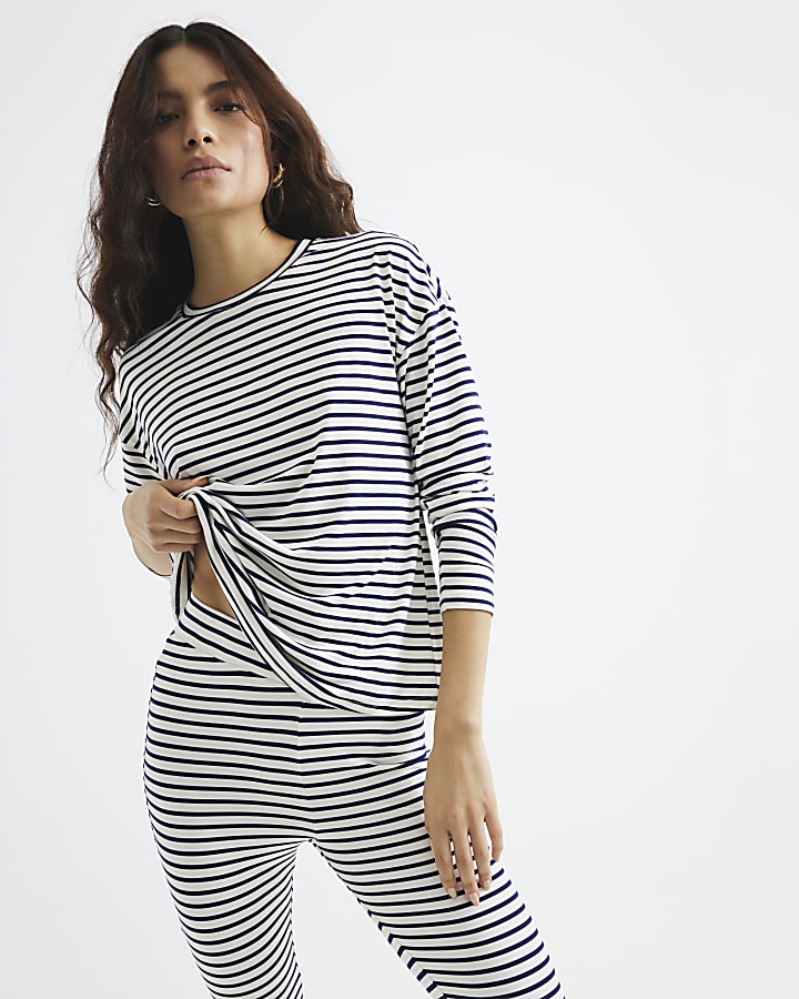 Navy Stripe Top and Trousers Loungewear Set River Island