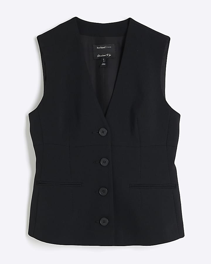 Black V Neck Button Front Waistcoat