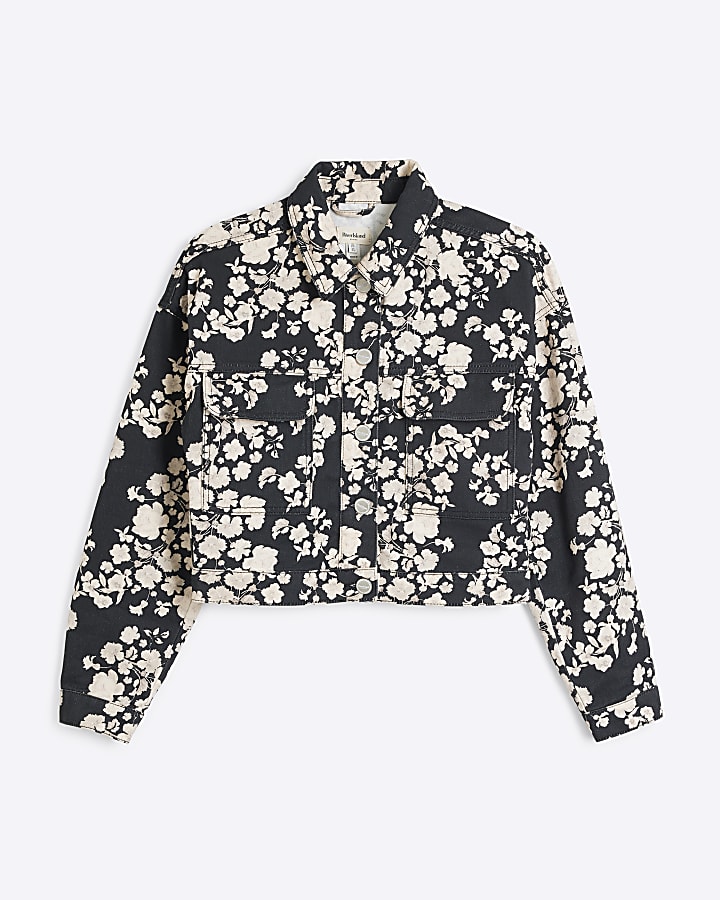 Black Floral Denim Jacket