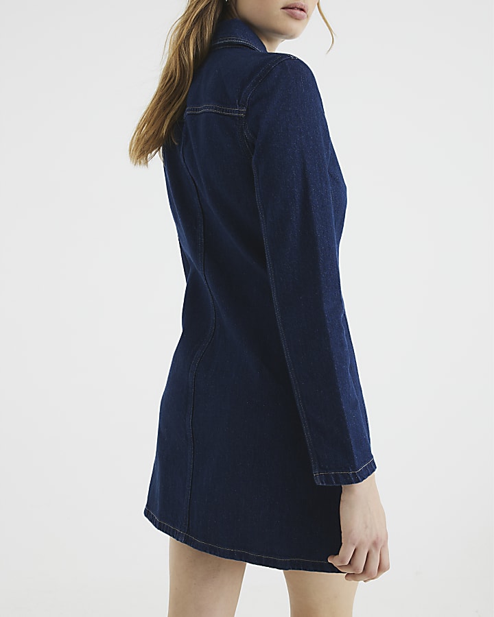 Indigo Denim Long Sleeve Zip Front Mini Dress