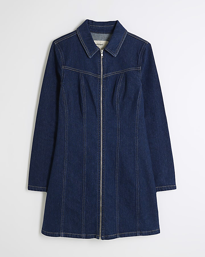 Indigo Denim Long Sleeve Zip Front Mini Dress