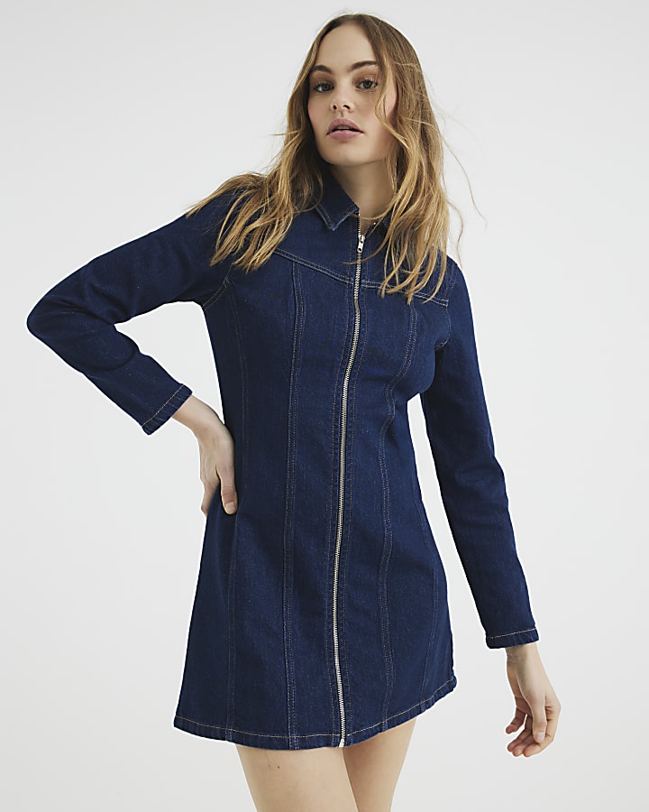 Indigo Denim Long Sleeve Zip Front Mini Dress