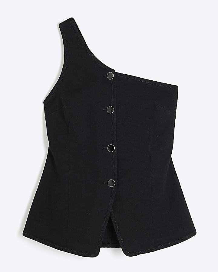 Black Denim Asymmetric One Shoulder Waistcoat