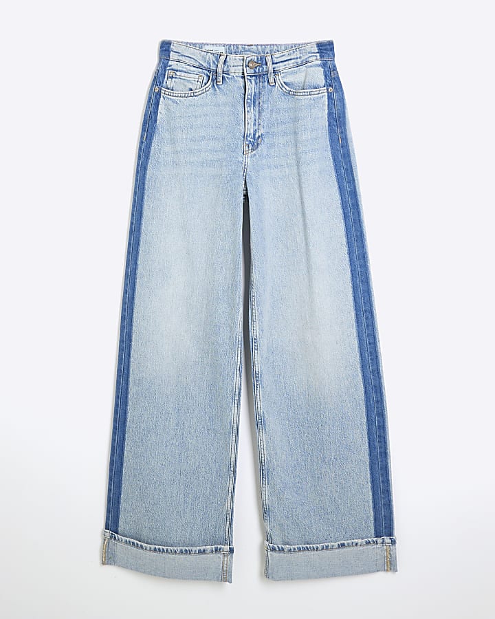 Blue Denim Relaxed Straight Leg Turn Up Jeans