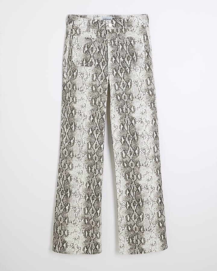 Brown Denim Wide Leg Snake Print Trousers