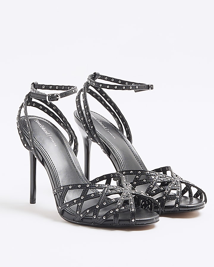 Black Faux Leather Stud Caged Heeled Sandals