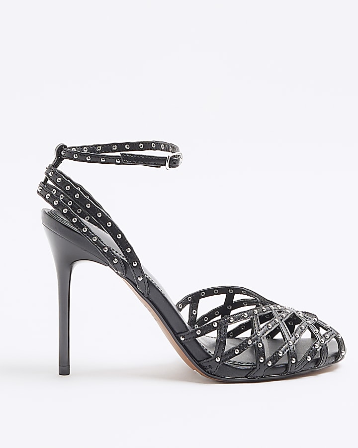 Black Faux Leather Stud Caged Heeled Sandals