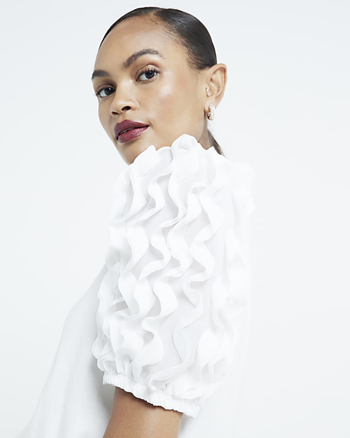 Cream Short Sleeve Ruffle T-Shirt