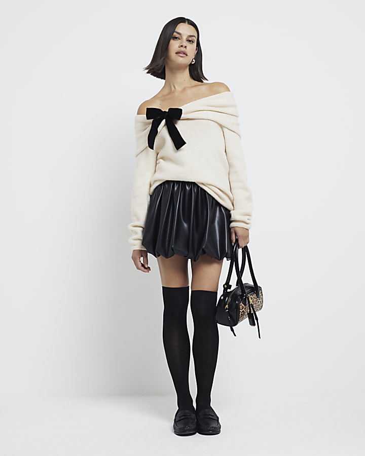 Black Faux Leather Bubble Hem Skirt