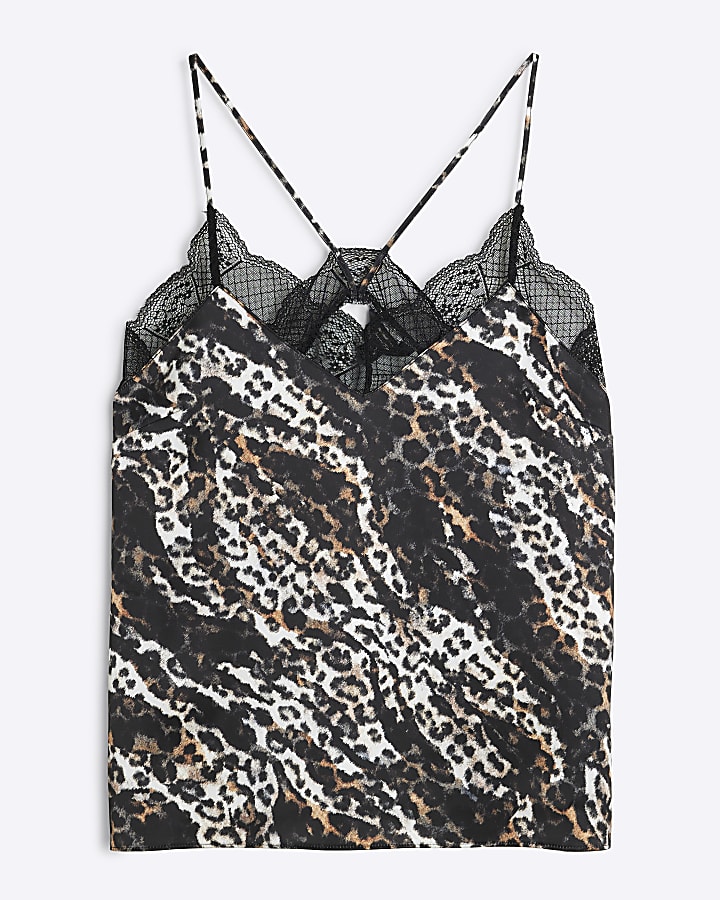 Black Lace Trim Leopard Print Cami Top