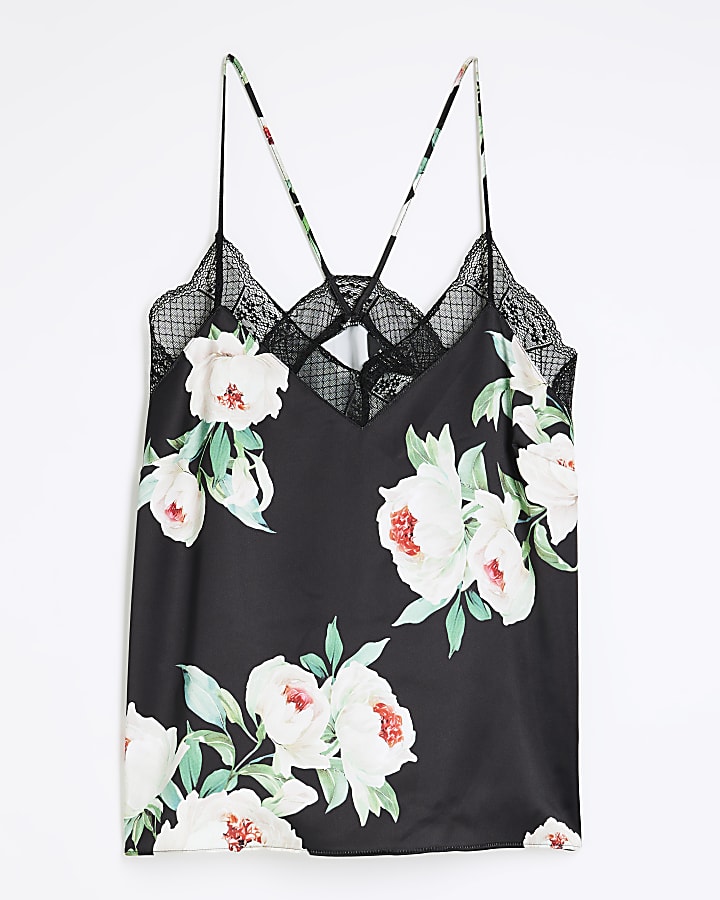 Black Lace Trim Floral Print Cami Top