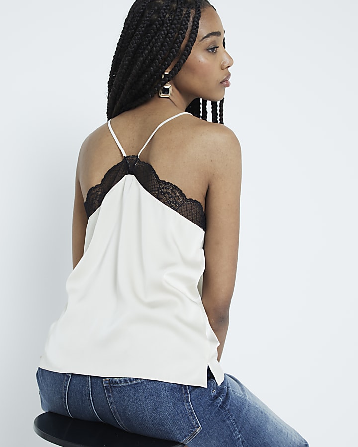 Cream Satin Lace Trim Cami Top