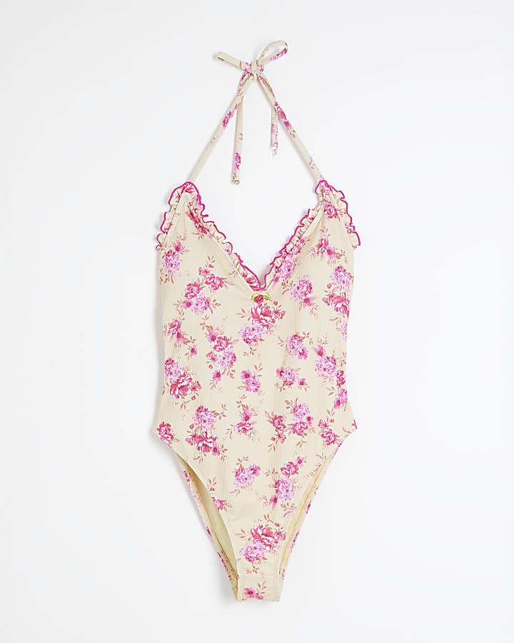 Yellow Floral Halterneck Swimsuit