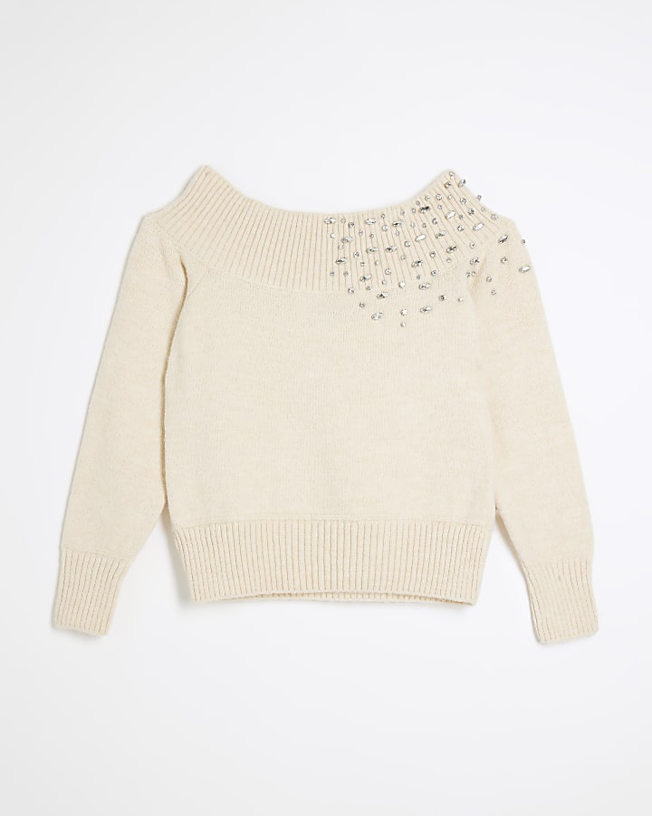 Cream Long Sleeved Diamante Bardot Top