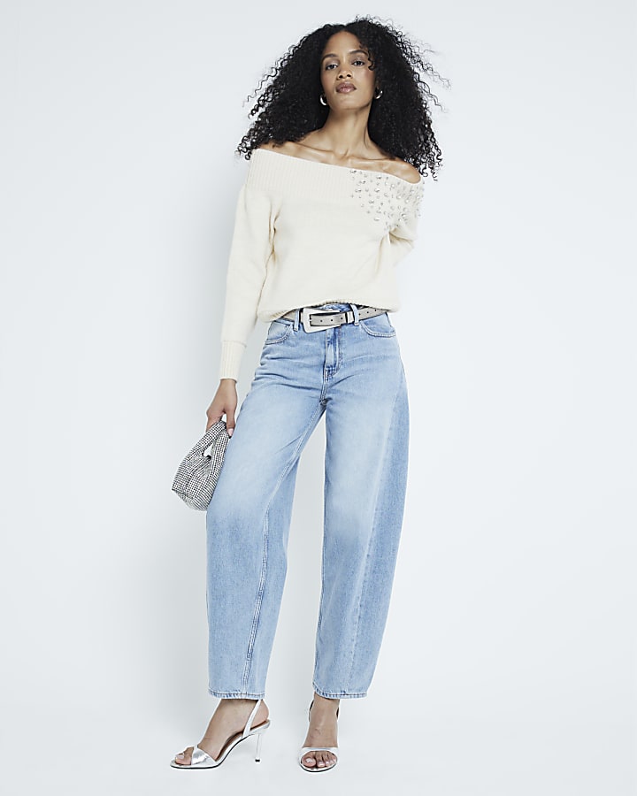 Cream Long Sleeved Diamante Bardot Top