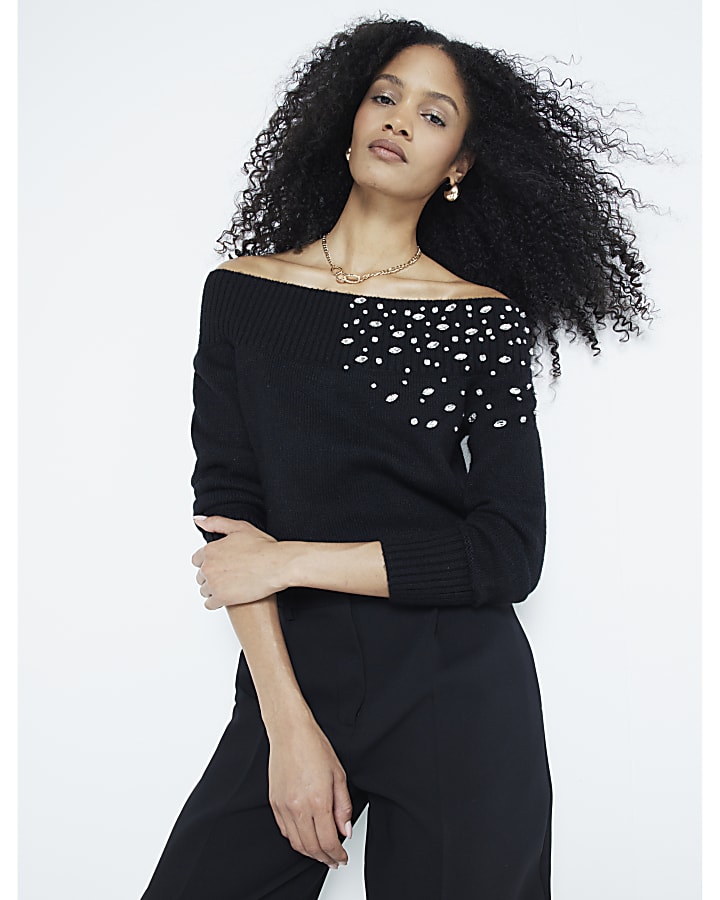 Black Long Sleeved Diamante Bardot Top