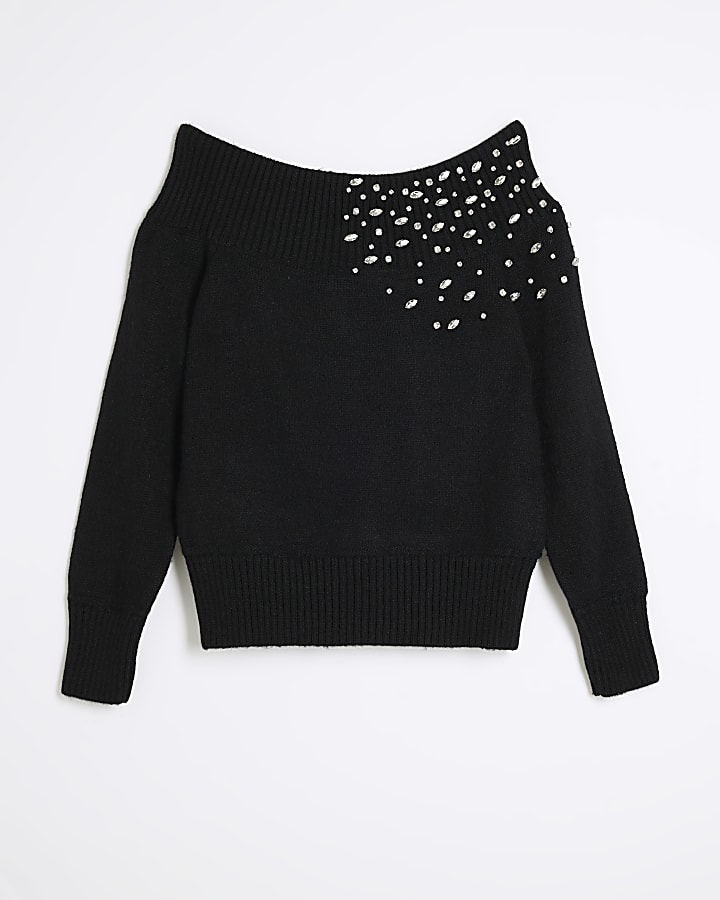 Black Long Sleeved Diamante Bardot Top