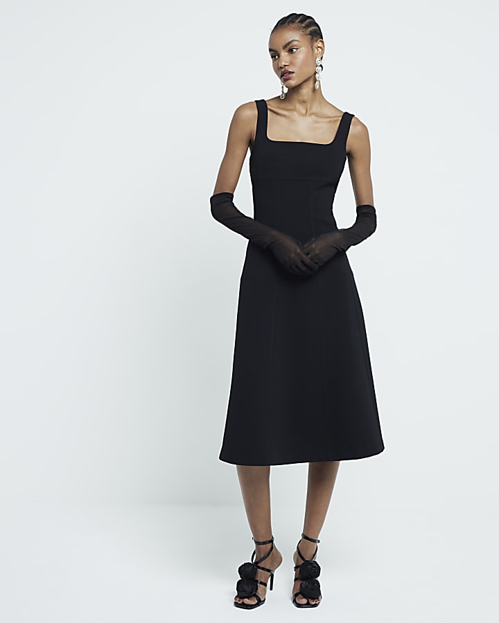 Black Tailored Seamed Midi Dress