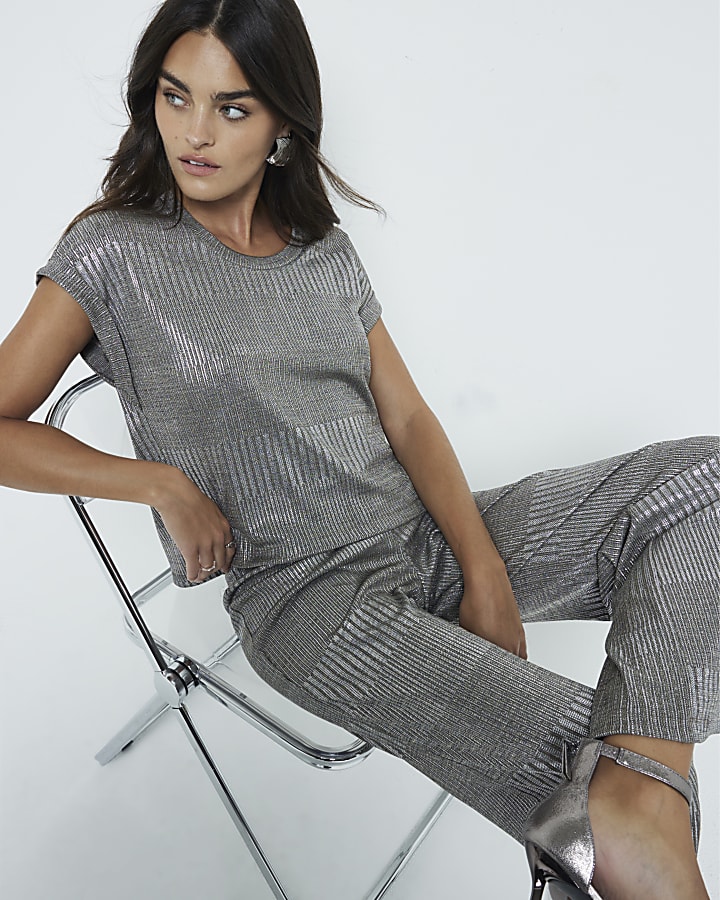 Silver Short sleeve Metallic Top