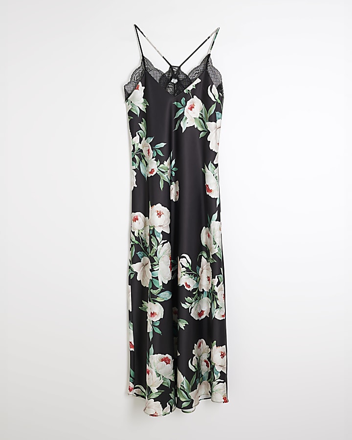 Black Lace Trim Floral Maxi Dress