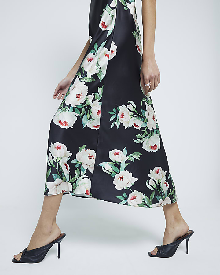 Black Lace Trim Floral Maxi Dress