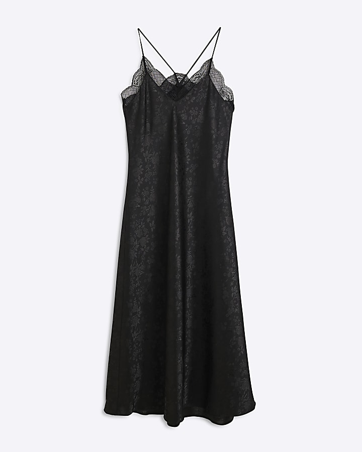 Black Jacquard Lace Maxi Slip Dress