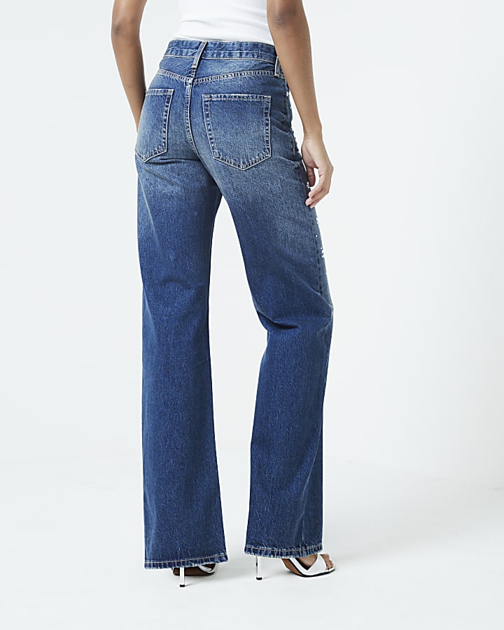 Blue Denim Relaxed Straight Embellished Jeans