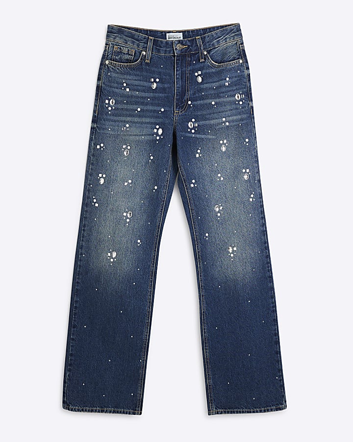 Blue Denim Relaxed Straight Embellished Jeans