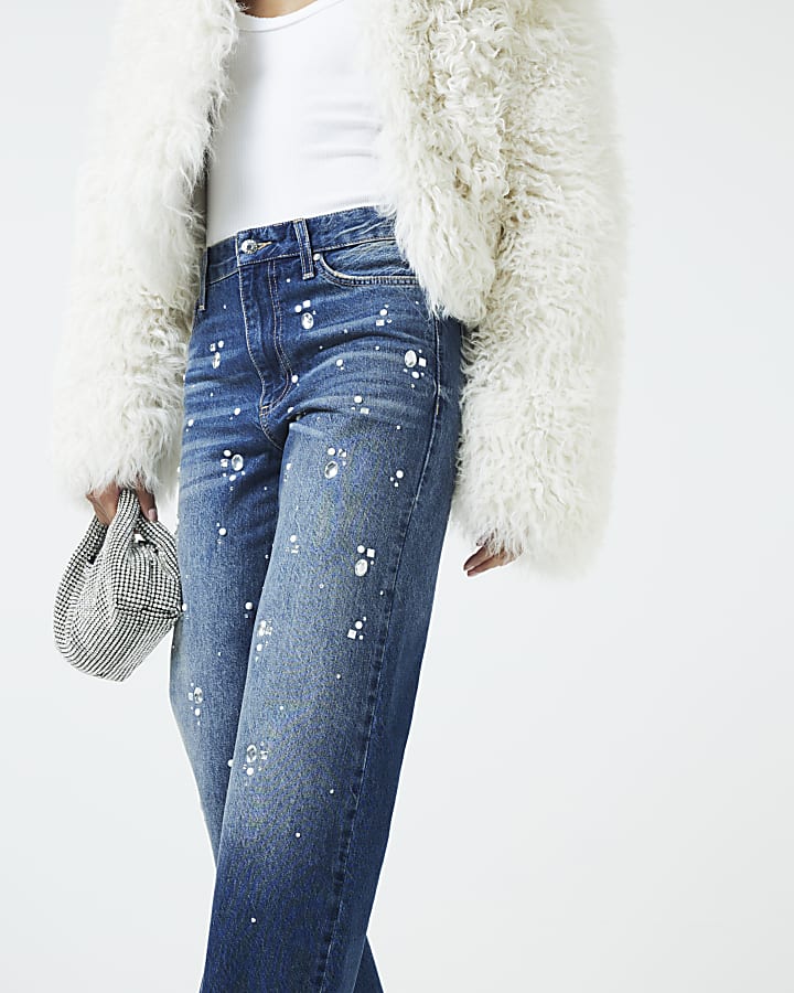 Blue Denim Relaxed Straight Embellished Jeans