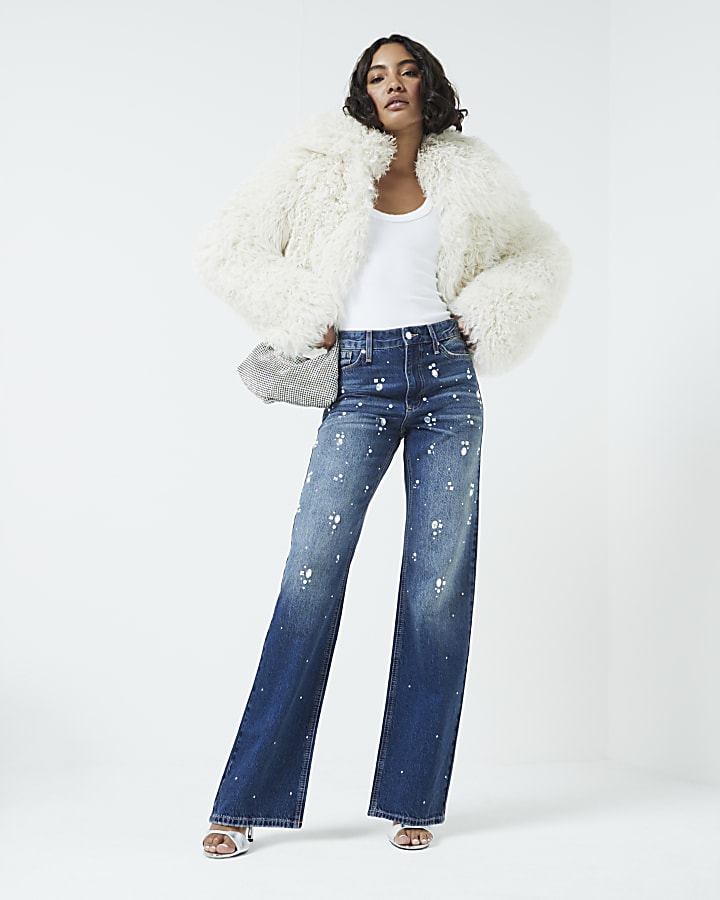 Blue Denim Relaxed Straight Embellished Jeans