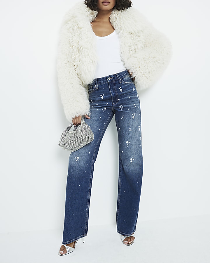 Blue Denim Relaxed Straight Embellished Jeans