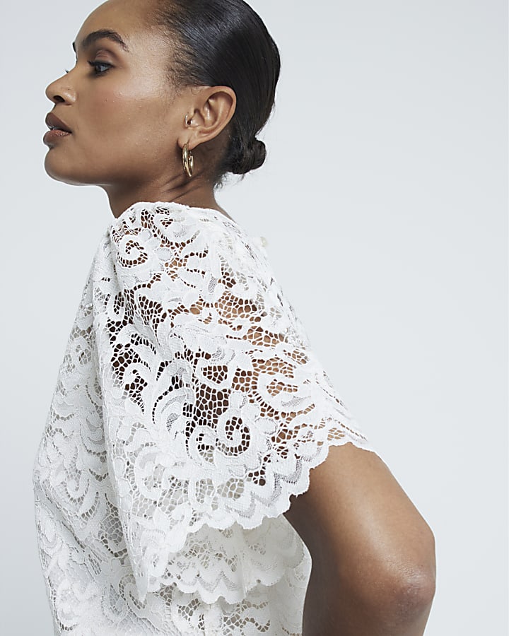 White Short Sleeve Lace Top