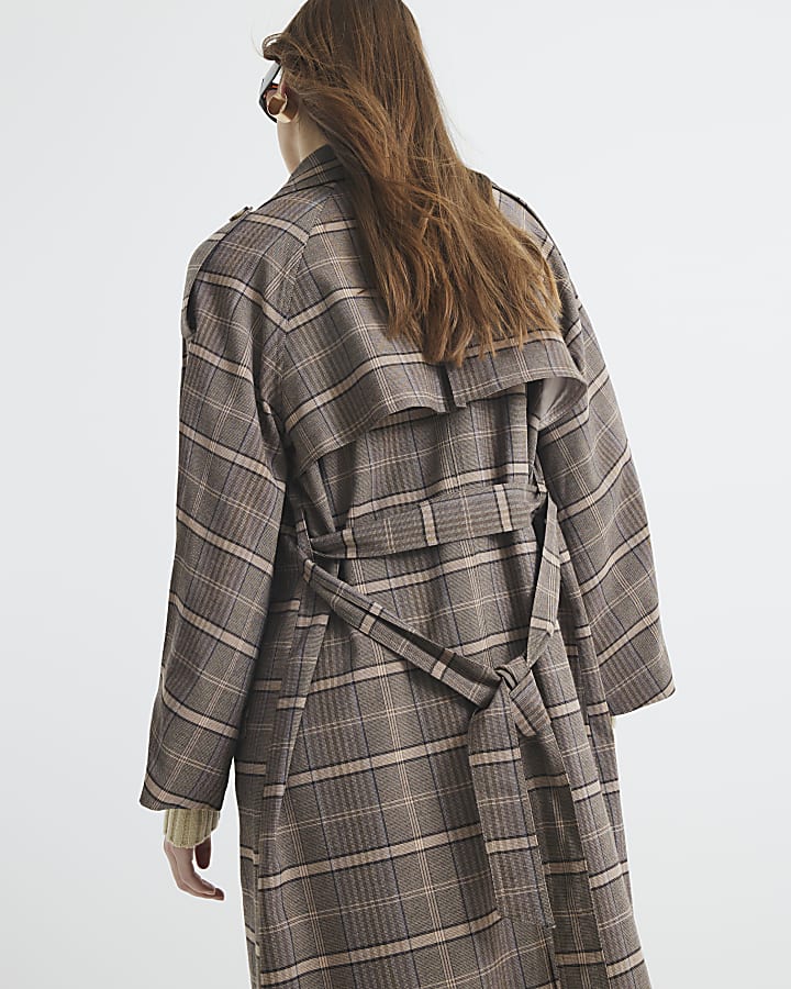 Brown Check Belted Trench Coat