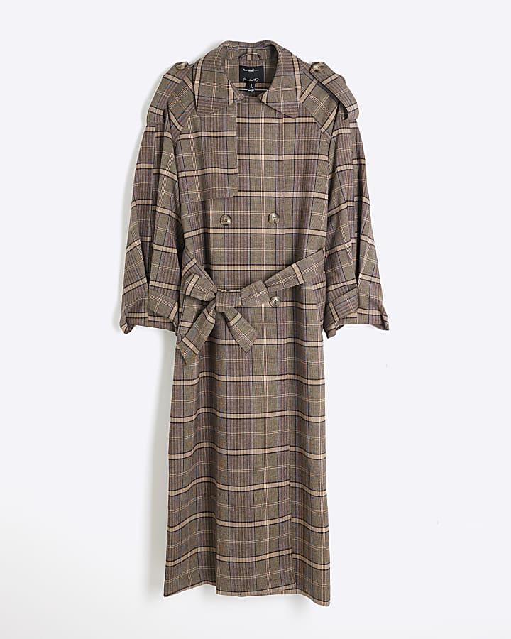 Brown Check Belted Trench Coat