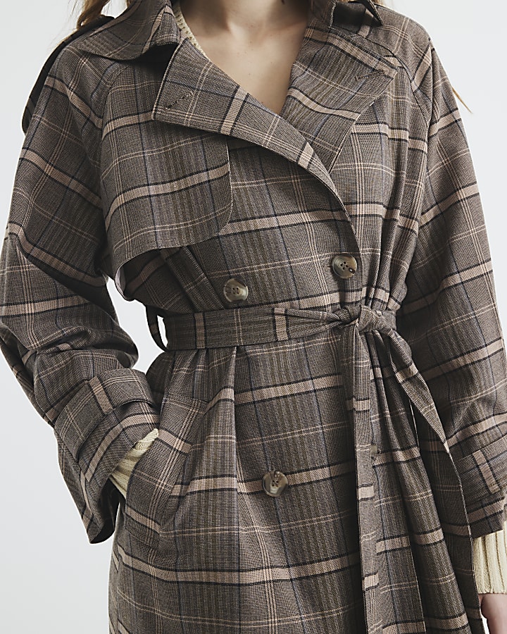 Brown Check Belted Trench Coat